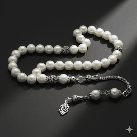 925 Ayar Gümüş Püsküllü Küre Kesim Mayorka İnci Tesbih - Tesbihane