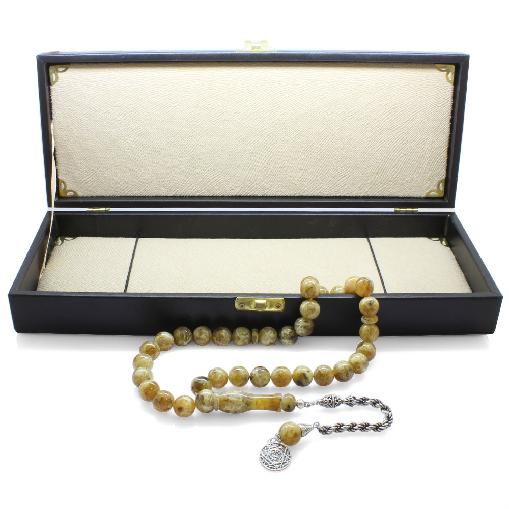 925 Ayar Gümüş Püsküllü Küre Kesim Mozaik Desenli Büyük Boy Damla Kehribar Tesbih - 2