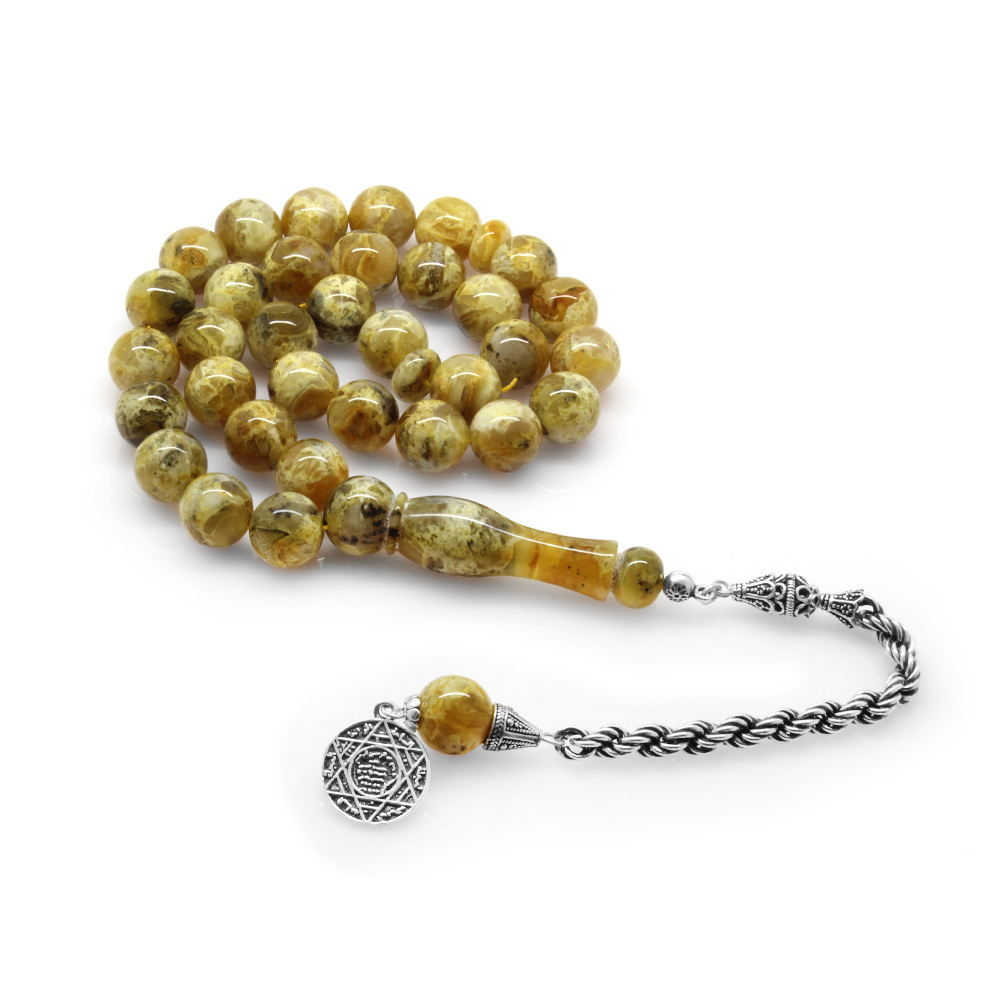 925 Ayar Gümüş Püsküllü Küre Kesim Mozaik Desenli Büyük Boy Damla Kehribar Tesbih - 3