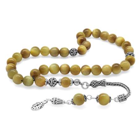 925 Ayar Gümüş Püsküllü Küre Kesim Renkli Kaplan Gözü Doğaltaş Tesbih - Tesbihane