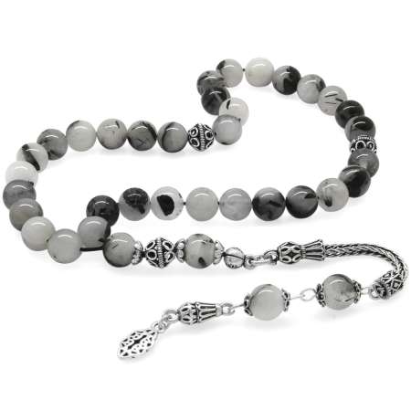 925 Ayar Gümüş Püsküllü Küre Kesim Rutil Kuvars Doğaltaş Tesbih - Tesbihane