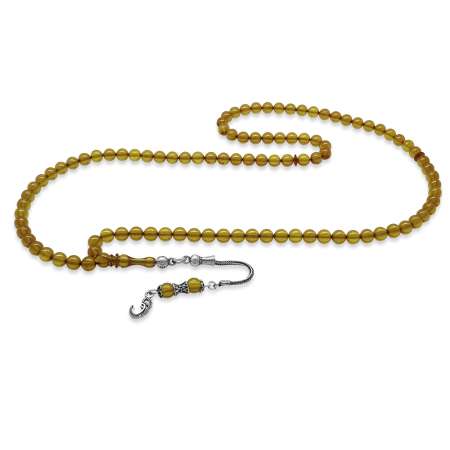 925 Ayar Gümüş Püsküllü Küre Kesim Sarı Ateş Kehribar 99 Taneli Namaz Tesbihi - Tesbihane