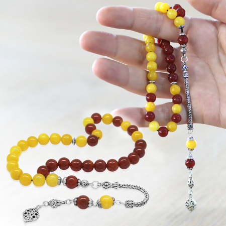 925 Ayar Gümüş Püsküllü Küre Kesim Sarı Kırmızı Jade Akik Doğaltaş Taraftar Tesbih - Tesbihane