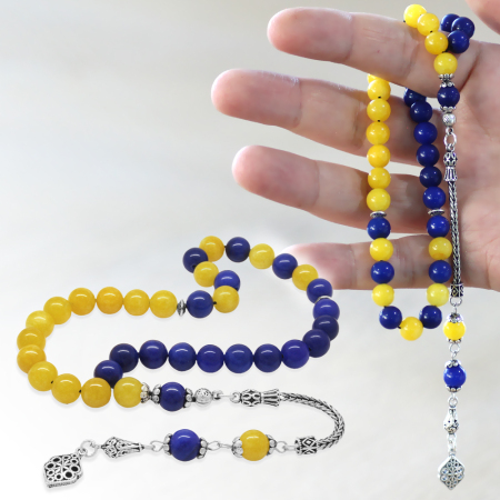 925 Ayar Gümüş Püsküllü Küre Kesim Sarı Lacivert Jade Doğaltaş Taraftar Tesbih - Tesbihane