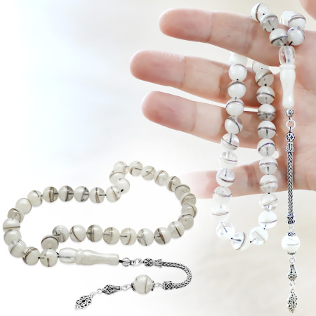 Kişiye Özel Saç Teli İçerir Hatıra Tesbih - 925 Ayar Gümüş Püsküllü - Küre Kesim - Sedef Süslemeli - Tesbihane