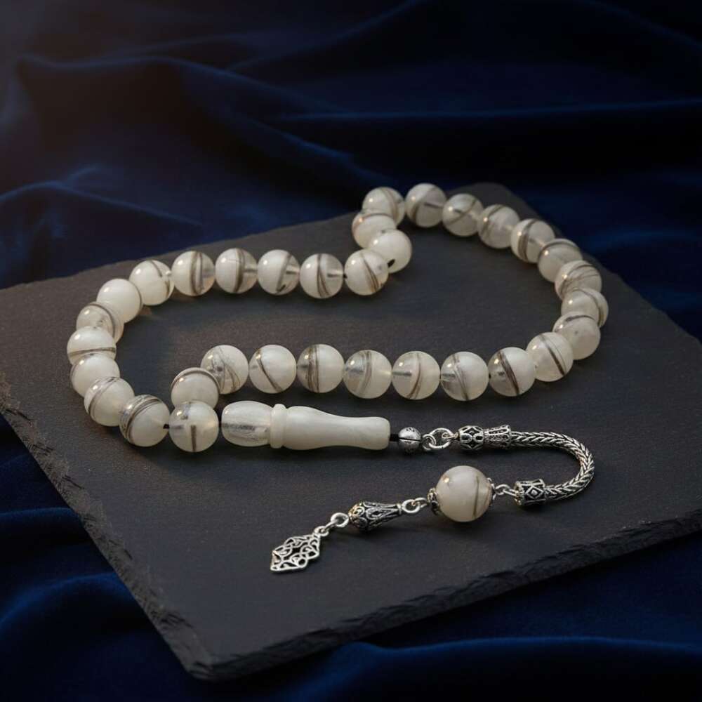 Kişiye Özel Saç Teli İçerir Hatıra Tesbih - 925 Ayar Gümüş Püsküllü - Küre Kesim - Sedef Süslemeli - 3