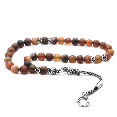 925 Ayar Gümüş Püsküllü Küre Kesim Siyah-Kırmızı Bilek Boy Akik Tesbih - Tesbihane