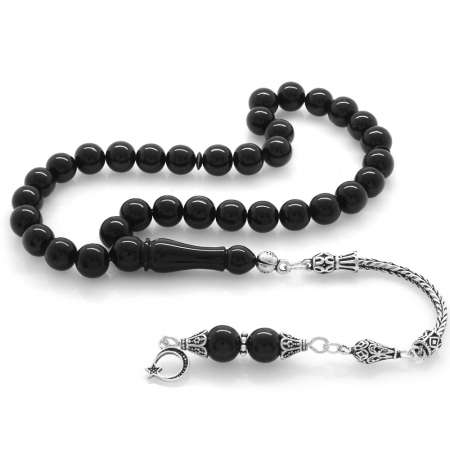 925 Ayar Gümüş Püsküllü Küre Kesim Siyah Sıkma Kehribar Tesbih - Tesbihane