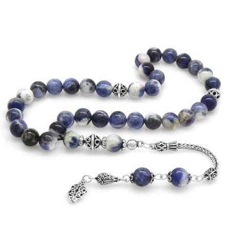 925 Ayar Gümüş Püsküllü Küre Kesim Sodalit Doğaltaş Tesbih - Tesbihane