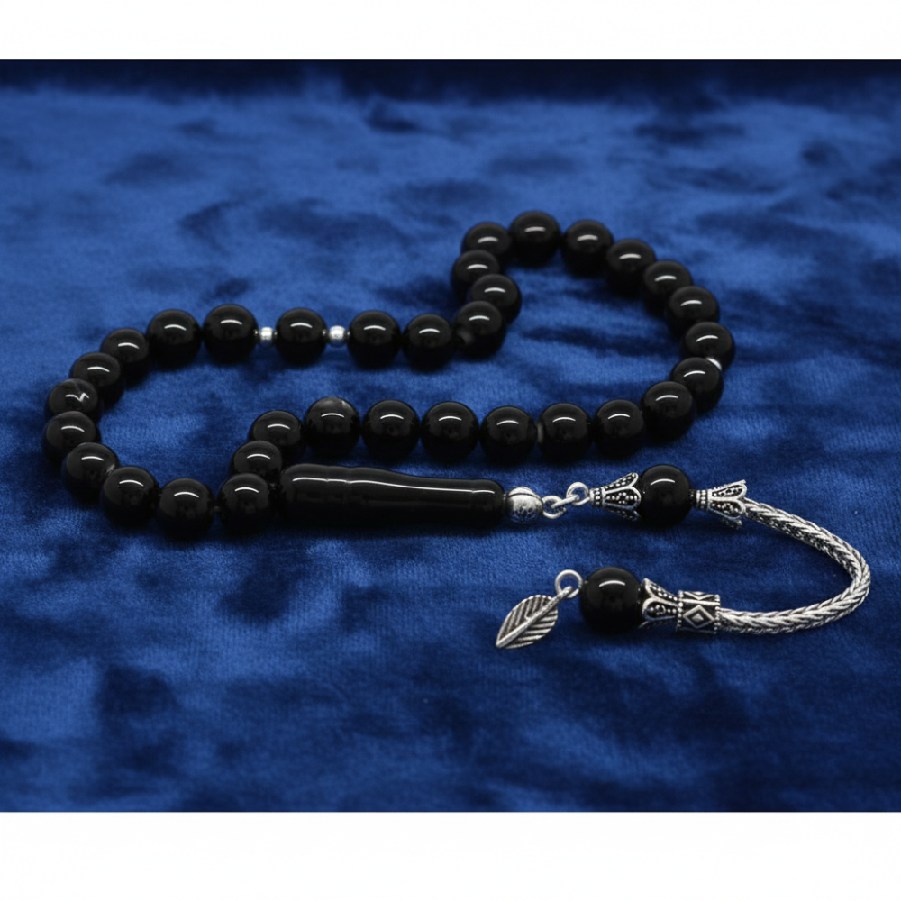 925 Ayar Gümüş Püsküllü Küre Kesim Süleyman Akik Doğaltaş Tesbih - 2