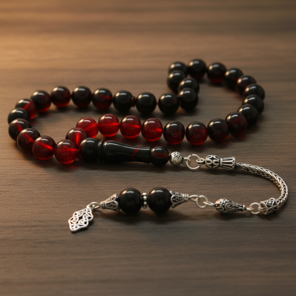 925 Ayar Gümüş Püsküllü Küre Kesim Süzme Kırmızı Siyah Ateş Kehribar Tesbih - 2