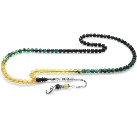 925 Ayar Gümüş Püsküllü Küre Kesim Süzme Mavi Beyaz Ateş Kehribar 99 Taneli Namaz Tesbihi - Tesbihane