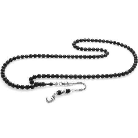 925 Ayar Gümüş Püsküllü Küre Kesim Siyah Sıkma Kehribar 99 Taneli Namaz Tesbihi - Tesbihane