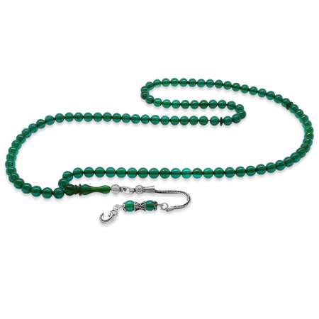 925 Ayar Gümüş Püsküllü Küre Kesim Turkuaz Ateş Kehribar 99 Taneli Namaz Tesbihi - Tesbihane