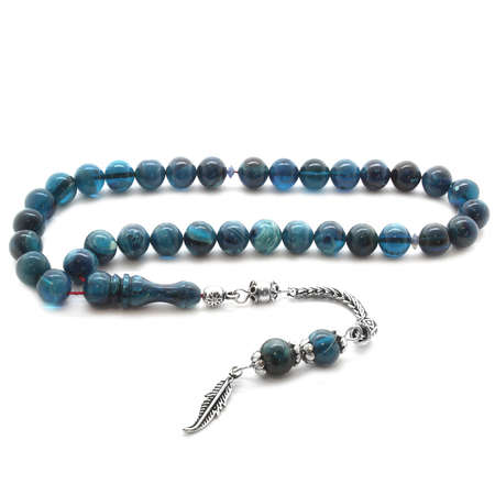 925 Ayar Gümüş Püsküllü Küre Kesim Turkuaz Hareli Sıkma Kehribar Tesbih - Tesbihane