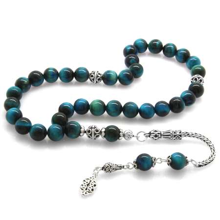 925 Ayar Gümüş Püsküllü Küre Kesim Turkuaz Kaplan Gözü Doğaltaş Tesbih - Tesbihane