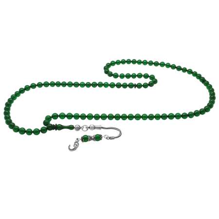 925 Ayar Gümüş Püsküllü Küre Kesim Yeşil Ateş Kehribar 99 Taneli Namaz Tesbihi - Tesbihane