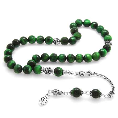 925 Ayar Gümüş Püsküllü Küre Kesim Yeşil Kaplan Gözü Doğaltaş Tesbih - Tesbihane