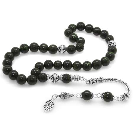 925 Ayar Gümüş Püsküllü Küre Kesim Yeşil Yıldız Taşı Doğaltaş Tesbih - Tesbihane