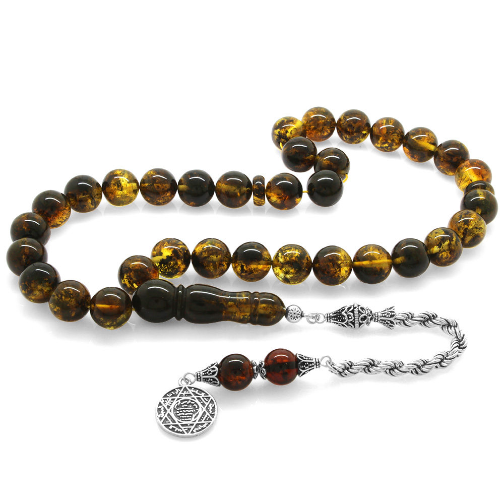 925 Ayar Gümüş Püsküllü Küre Kesim Yoğun Fosilli Sarı Damla Kehribar Tesbih - 2