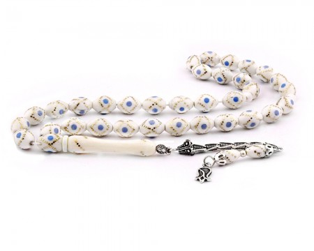 925 Ayar Gümüş Püsküllü Mavi Mine İşlemeli Deve Kemiği Tesbih - Tesbihane