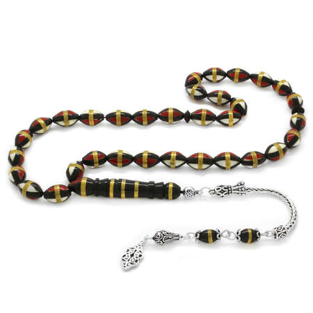 925 Ayar Gümüş Püsküllü Kırmızı Beyaz Mine Dolgulu Pirinç Sarmal Arpa Kesim Kuka Tesbih - Tesbihane