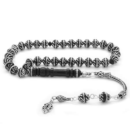 925 Ayar Gümüş Püsküllü Sarmal Gümüş İşlemeli İstanbul Kesim Kuka Tesbih - STOKYOK