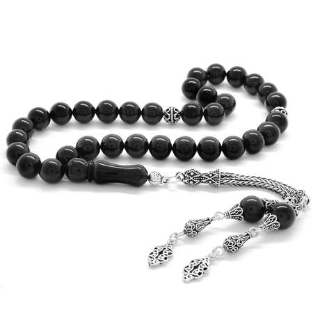 925 Ayar Gümüş Püsküllü Küre Kesim İri Taneli Erzurum Oltu Taşı Tesbih - Tesbihane