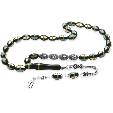 925 Ayar Gümüş Püsküllü Pirinç Sarmal Arpa Kesim Gümüş İsim Yazılı Mavi Beyaz Mineli Kuka Tesbih - Tesbihane