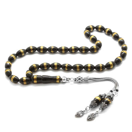 925 Ayar Gümüş Püsküllü Pirinç Sarmal İşlemeli Arpa Kesim Rus Oltu Tesbih - Tesbihane