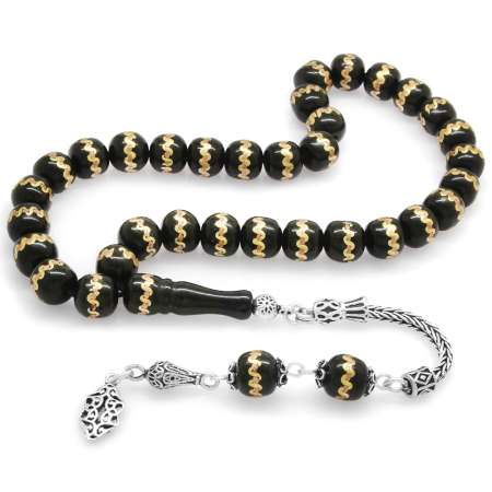 925 Ayar Gümüş Püsküllü Pirinç Sarmal İşlemeli Küre Kesim Rus Oltu Tesbih - Tesbihane