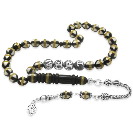 925 Ayar Gümüş Püsküllü Pirinç Sarmal Küre Kesim Gümüş İsim Yazılı Beyaz Mine Dolgulu Kuka Tesbih - Tesbihane