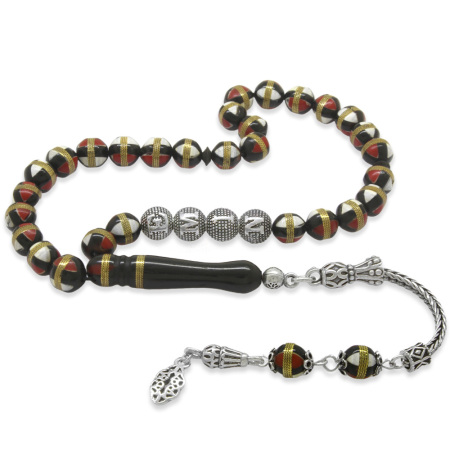 925 Ayar Gümüş Püsküllü Pirinç Sarmal Küre Kesim Gümüş İsim Yazılı Kırmızı Beyaz Mineli Kuka Tesbih - Tesbihane