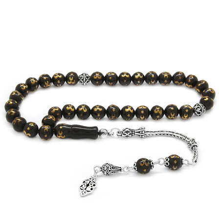 925 Ayar Gümüş Püsküllü Pirinç Üç Hilal İşlemeli Küre Kesim Rus Oltu Tesbih - Tesbihane