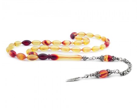 925 Ayar Gümüş Püsküllü Sarı Kırmızı Hareli Sıkma Kehribar Tesbih (Model-2) - Tesbihane