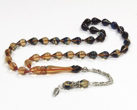 925 Ayar Gümüş Püsküllü Damla Kesim Süzme Siyah Ateş Kehribar Tesbih - Tesbihane