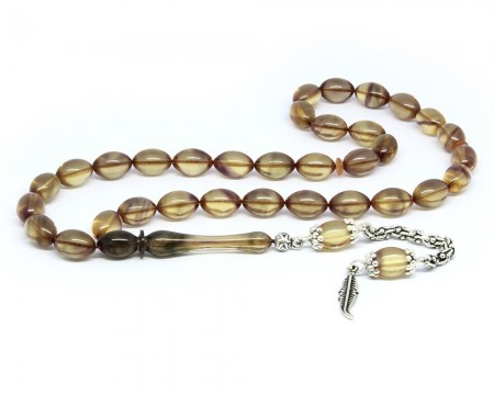 925 Ayar Gümüş Püsküllü Sıkma Kehribar Tesbih (Model-30) - Tesbihane