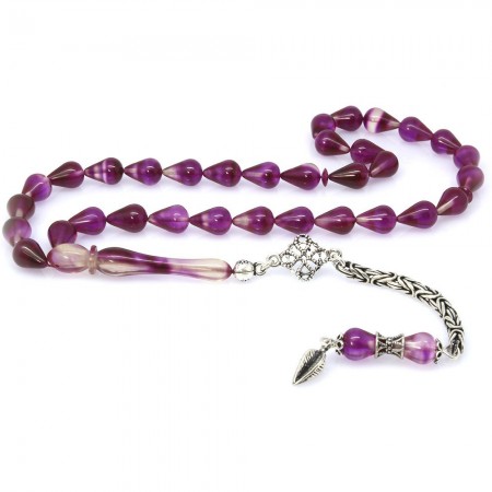 925 Ayar Gümüş Kral Püsküllü Damla Kesim Sıkma Kehribar Tesbih - Tesbihane