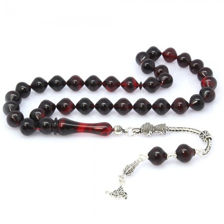 925 Ayar Gümüş Püsküllü Sıkma Kehribar Tesbih (Model-45) - Tesbihane