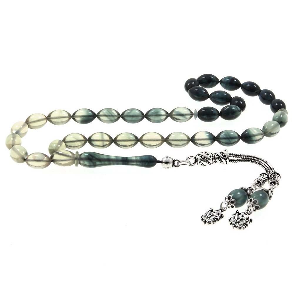 925 Ayar Gümüş Püsküllü Sıkma Kehribar Tesbih (Model-53) - 1