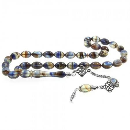 925 Ayar Gümüş Püsküllü Sıkma Kehribar Tesbih (Model-54) - Tesbihane