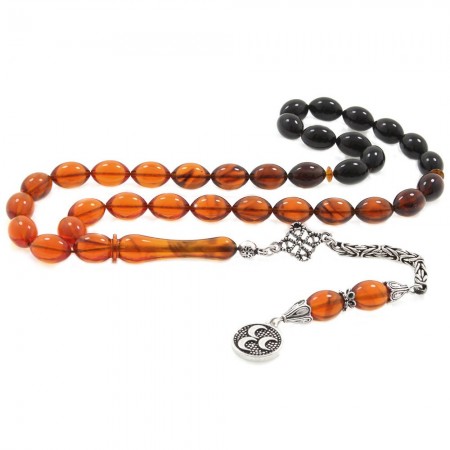 925 Ayar Gümüş Üç Hilal Püsküllü Arpa Kesim Sıkma Kehribar Tesbih - Tesbihane