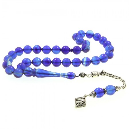 925 Ayar Gümüş Püsküllü Sığırcık Kesim Mavi Sıkma Kehribar Tesbih - Tesbihane