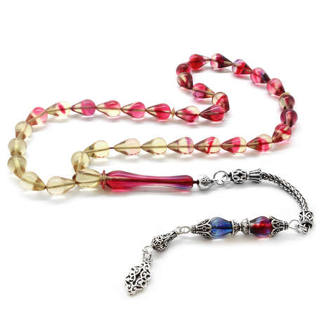 925 Ayar Gümüş Tuğra Püsküllü Damla Kesim Ateş Kehribar Tesbih - Tesbihane