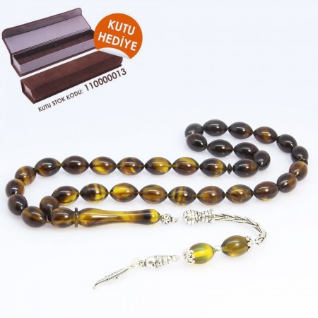 925 Ayar Gümüş Püsküllü Sıkma Kehribar Tesbih (Model-8) - Kutu Hediyeli - Tesbihane