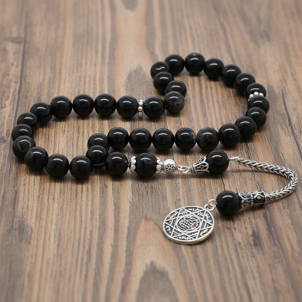 925 Ayar Gümüş Kral Püsküllü Küre Kesim Süleyman Akik Doğaltaş Tesbih - 2