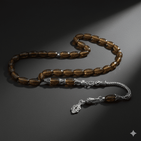925 Ayar Gümüş Püsküllü Fasetalı Arpa Kesim Kahverengi Zultanit Tesbih - Tesbihane
