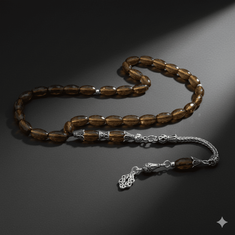 925 Ayar Gümüş Püsküllü Fasetalı Arpa Kesim Kahverengi Zultanit Tesbih - 1