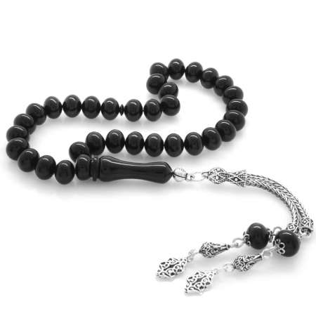 925 Ayar Gümüş Püsküllü Tekerlek Kesim Siyah Sıkma Kehribar Tesbih - Tesbihane
