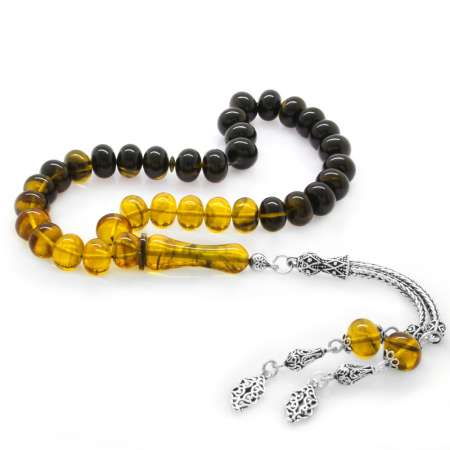 925 Ayar Gümüş Püsküllü Tekerlek Kesim Süzme Sarı Siyah Ateş Kehribar Tesbih - Tesbihane